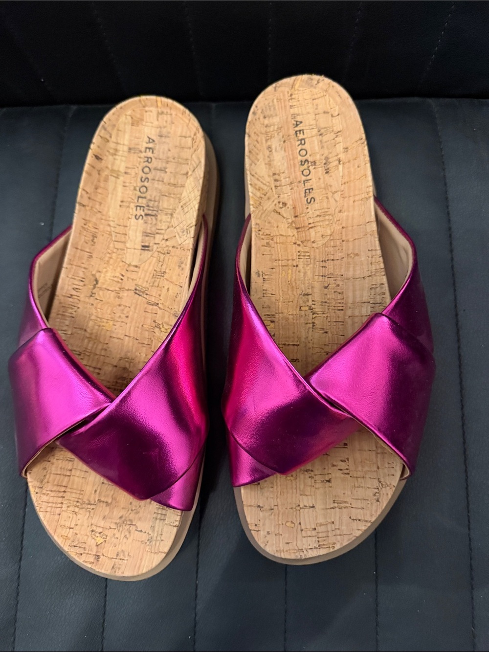 AEROSOLES Metallic Fuchsia Crisscross Slide Sandals